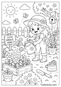 Child watering flowers in a summer garden