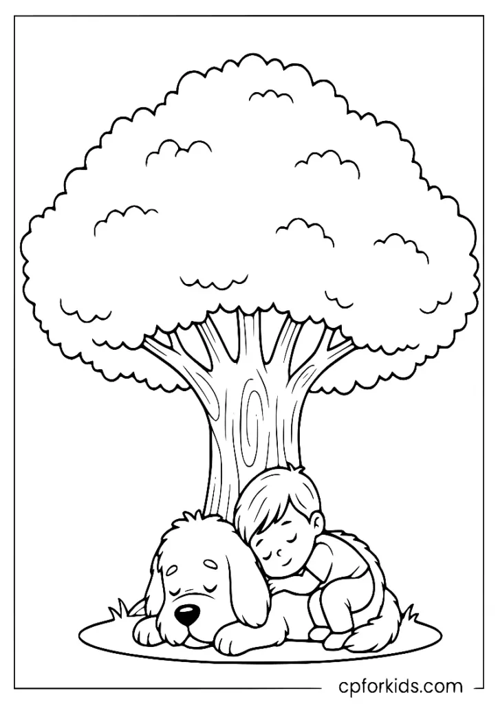 Child and dog sleeping together under a tree in June coloring page
