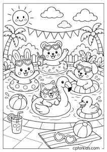 Cute animals enjoying a summer pool party