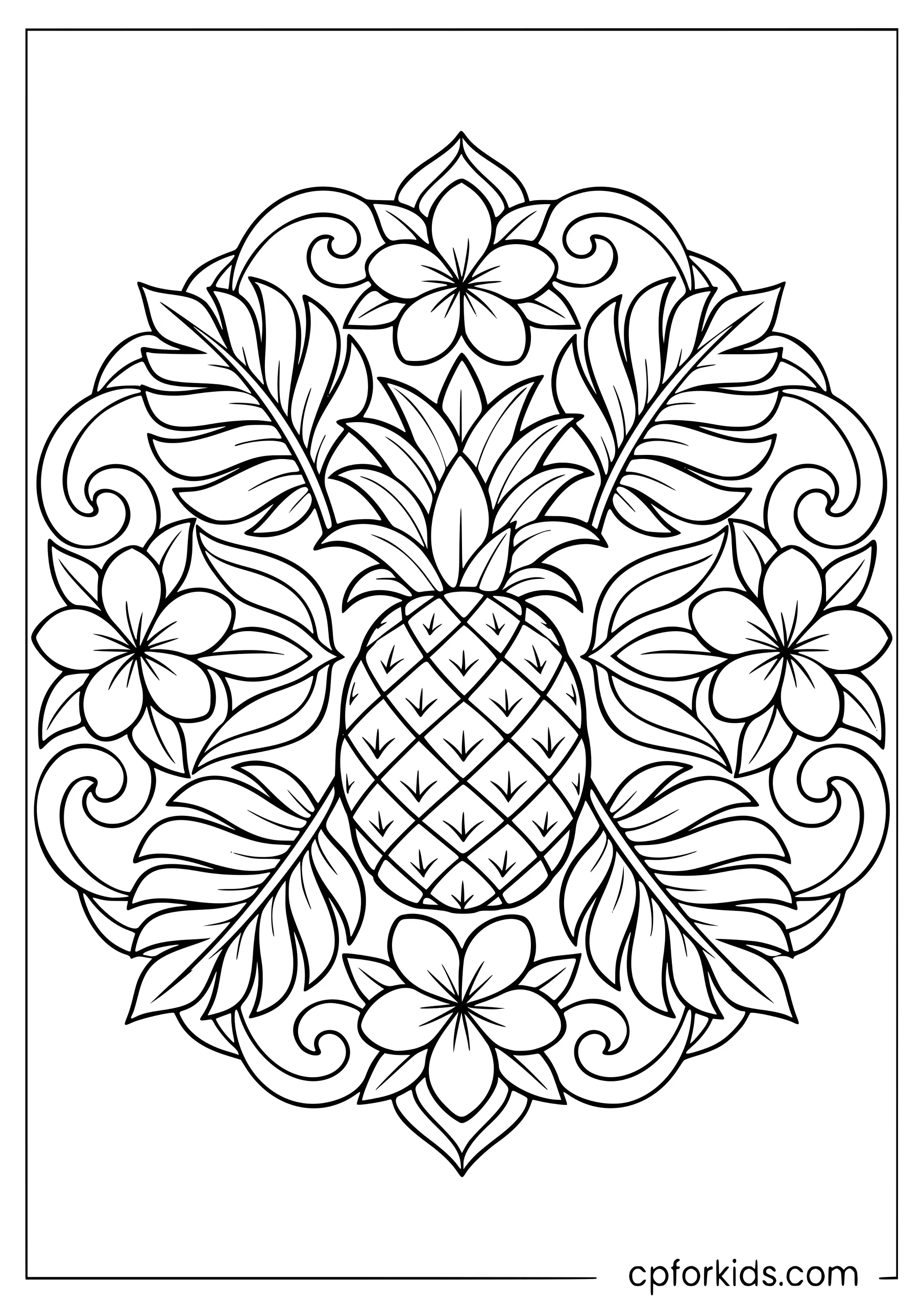 Pineapple surrounded by palm leaves and tropical flowers
