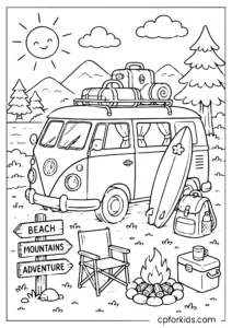 Summer camper van with surfboard and travel gear