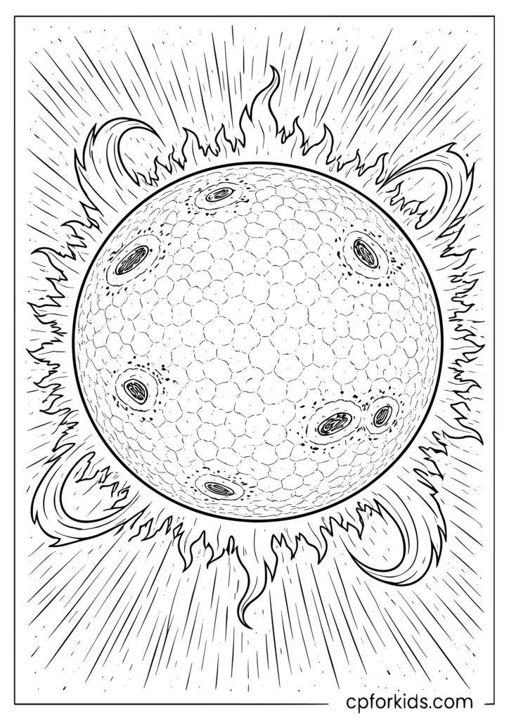 Sun coloring page with large sun showing solar flares sunspots and corona rays
