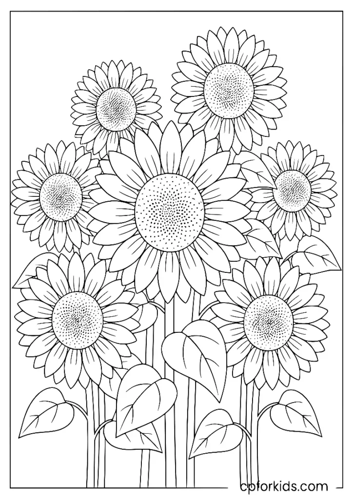 Large sunflowers in a field, early fall September coloring page printable