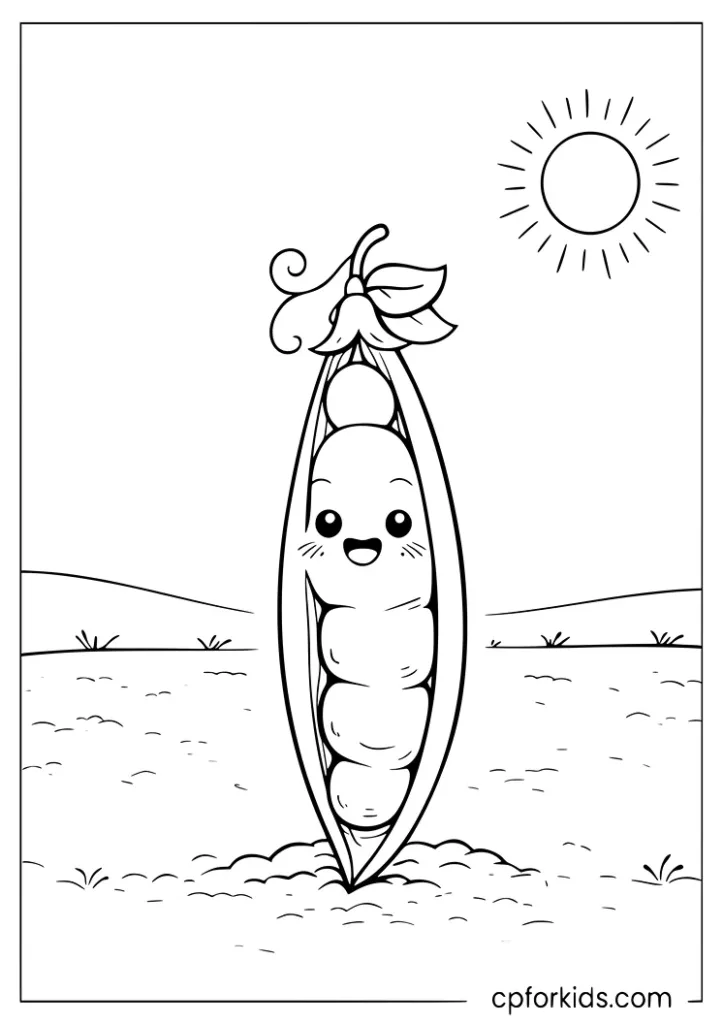Sunlit vegetable field with cheerful pea pod coloring page for kids
