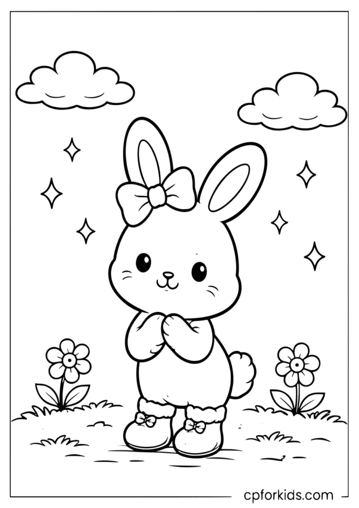 Super cute bunny with ribbon and booties coloring page