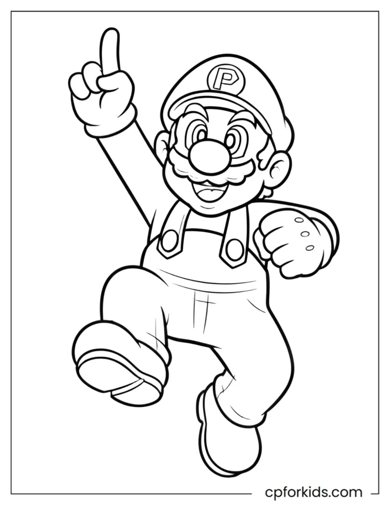 Super Mario Coloring Pages Super Mario coloring page featuring a heroic plumber jumping in a classic platform world, black and white line art.