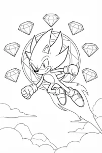 Super Sonic flying with seven Chaos Emeralds around him