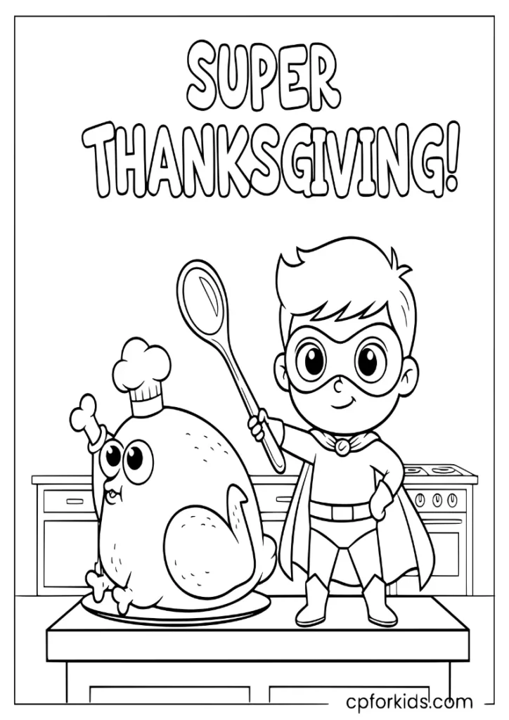 Superhero boy cooking a turkey in the kitchen, November holiday coloring page.