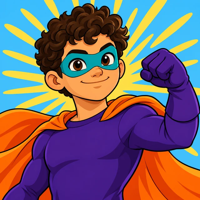 Masked superhero raising a fist with an orange cape