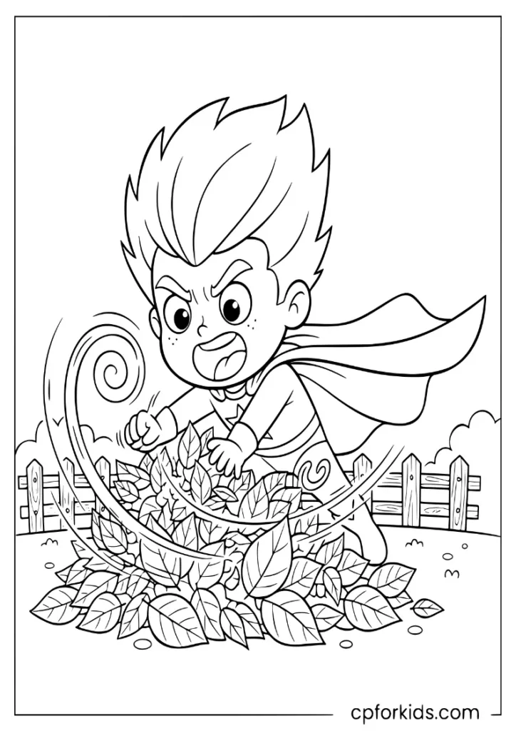 Superhero kid blowing a pile of leaves, November outdoor coloring activity.