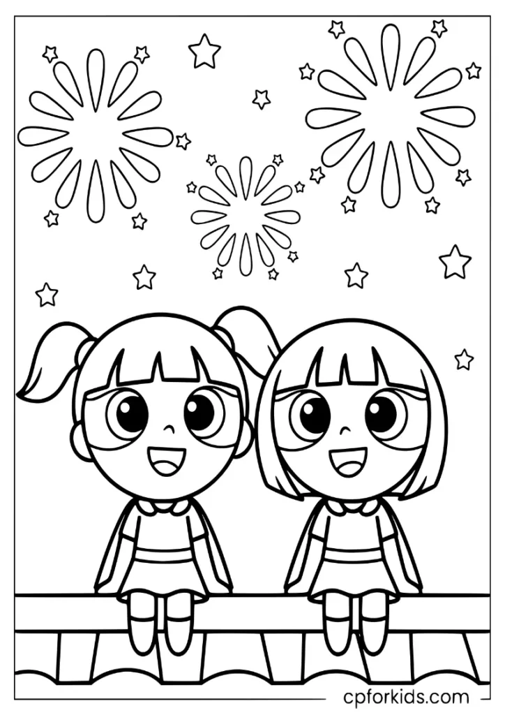 Two superhero sisters watching minimalist fireworks from a rooftop