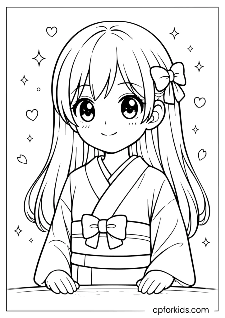 Sweet anime girl in traditional kimono with big eyes coloring sheet