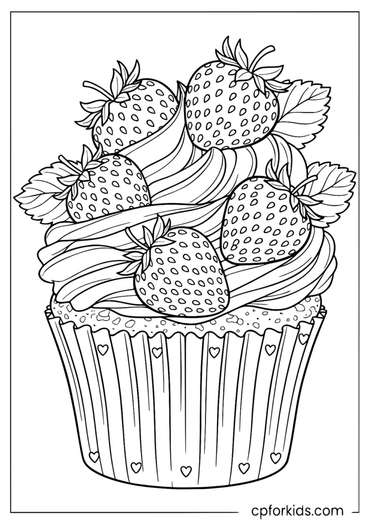 Strawberry cupcake topped with big berries and leafy details