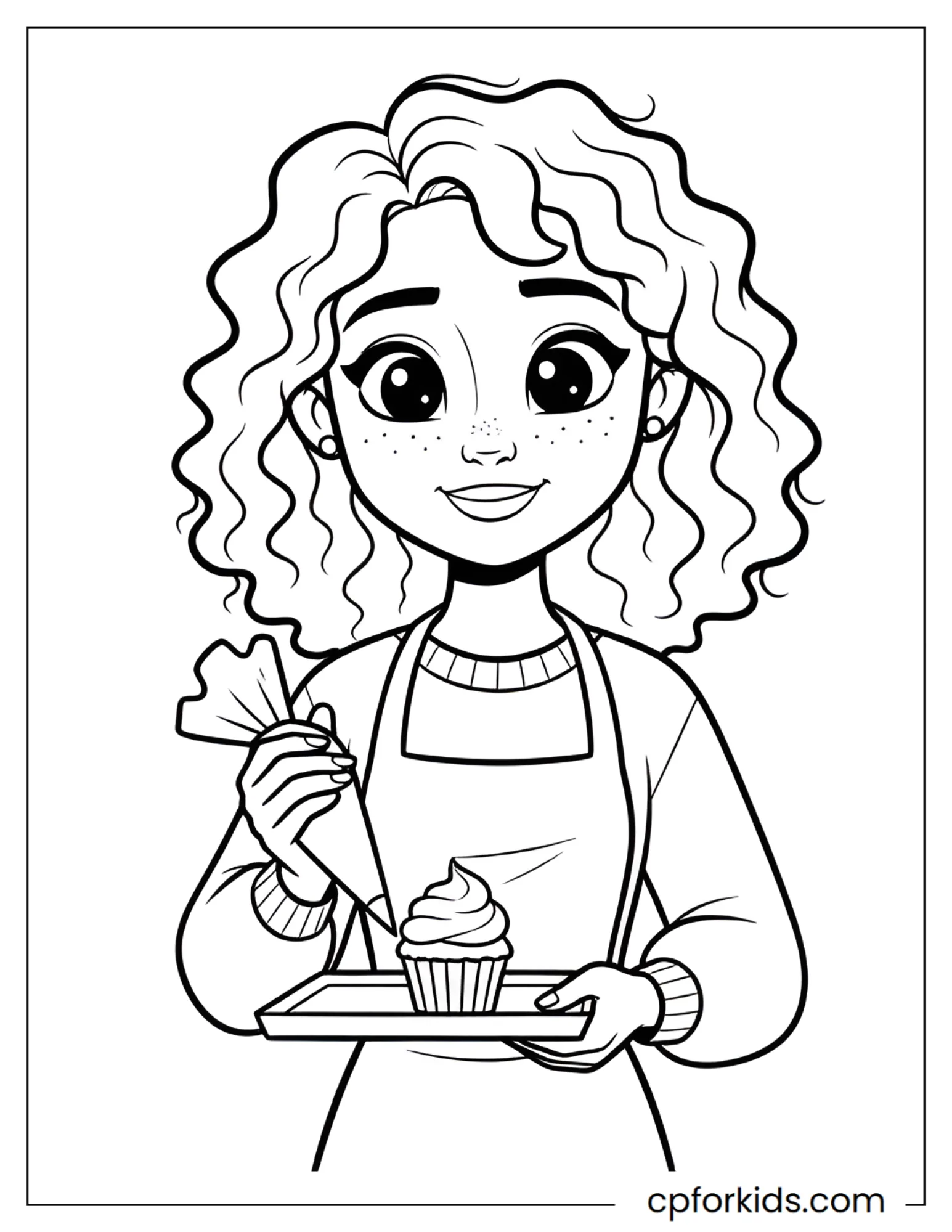 Curly hair princess decorating a cupcake