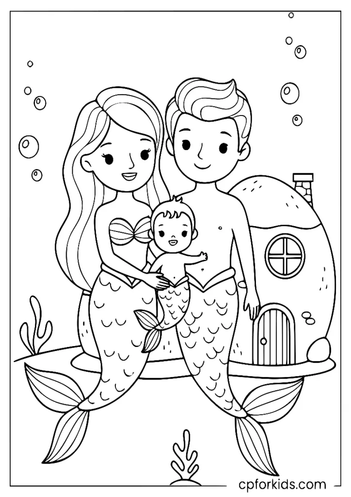 Sweet mermaid family near an underwater house coloring page