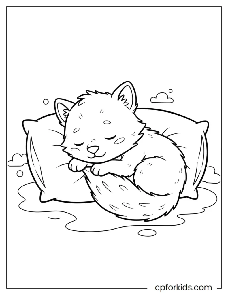 Sweet sleeping werewolf cub curled up, extremely cute and gentle coloring page for young children.