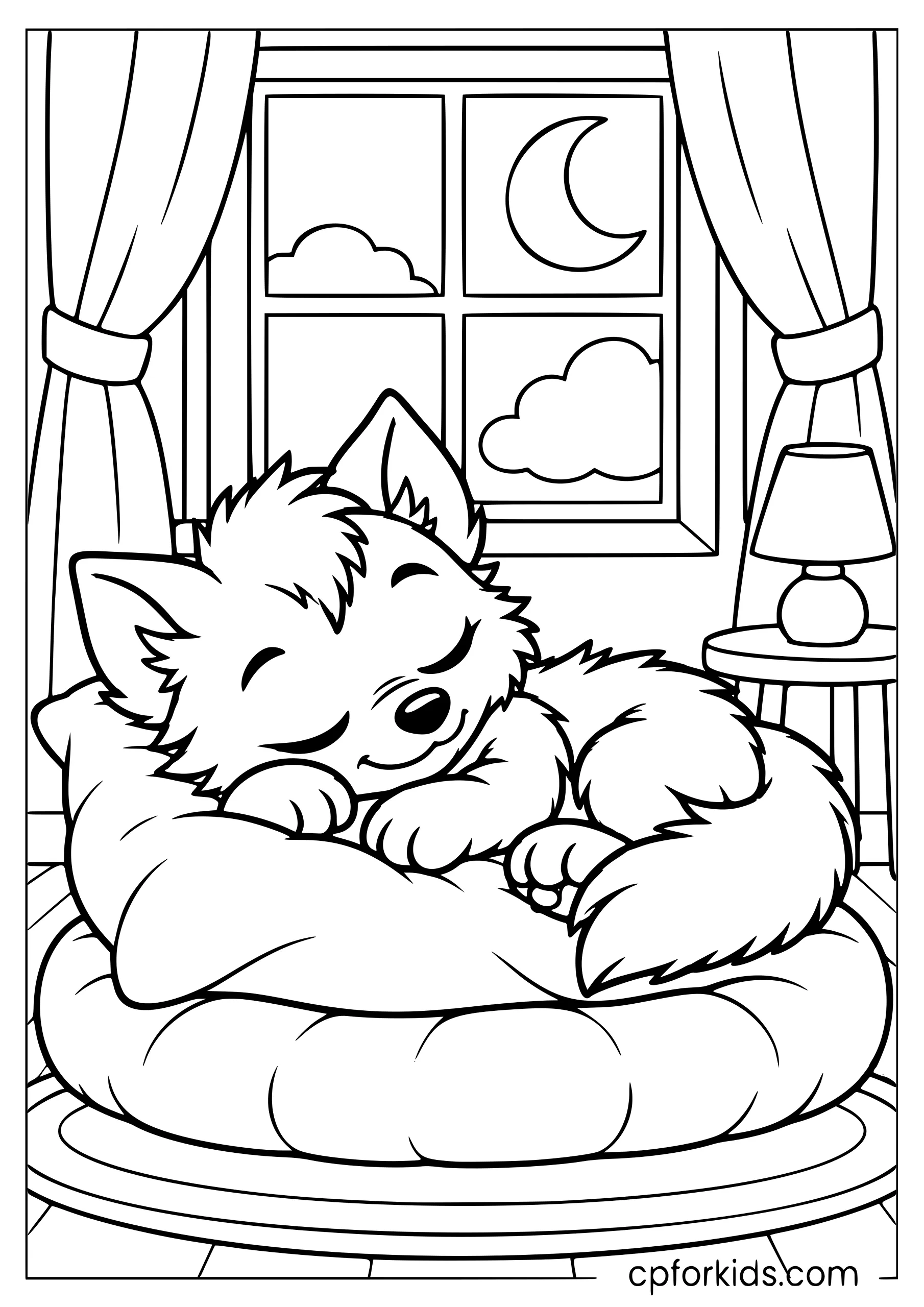Sleeping werewolf cub curled on a pillow beside curtains