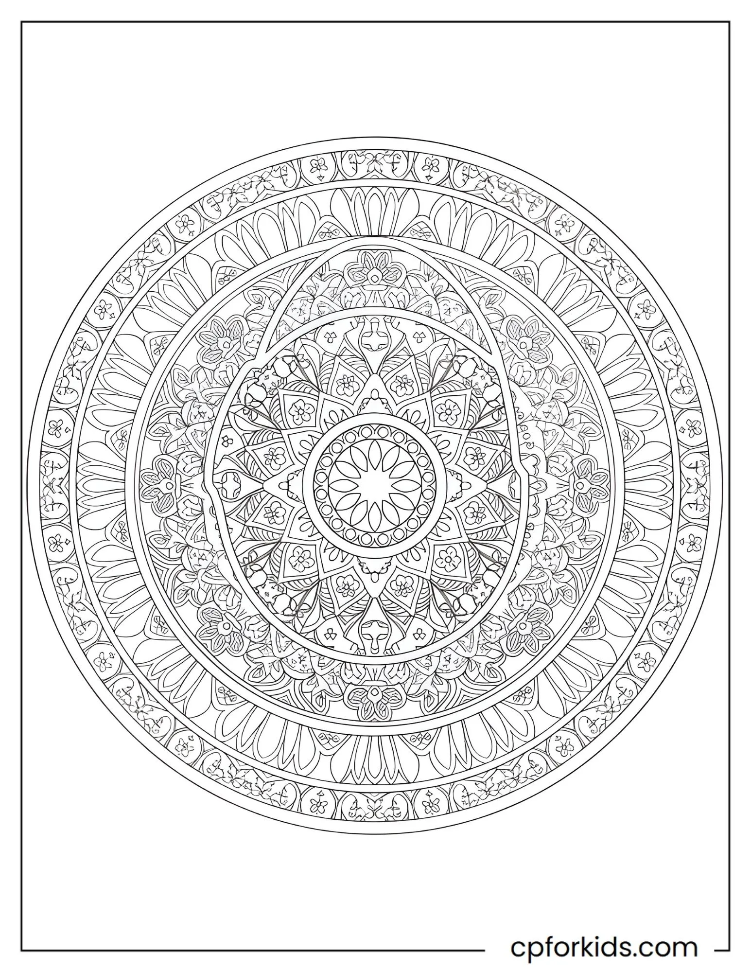 Egg-shaped mandala with fine symmetrical line patterns