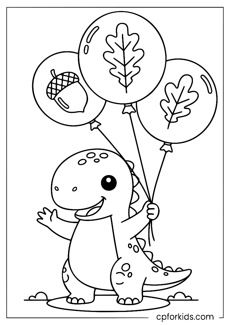 A cute baby T-Rex holding birthday balloons decorated with autumn leaves