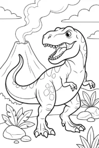 Roaring T-Rex standing near a prehistoric volcano