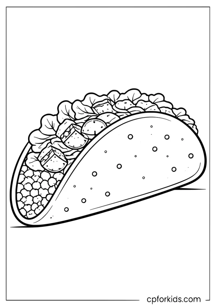 Taco fast food coloring page with fillings for kids