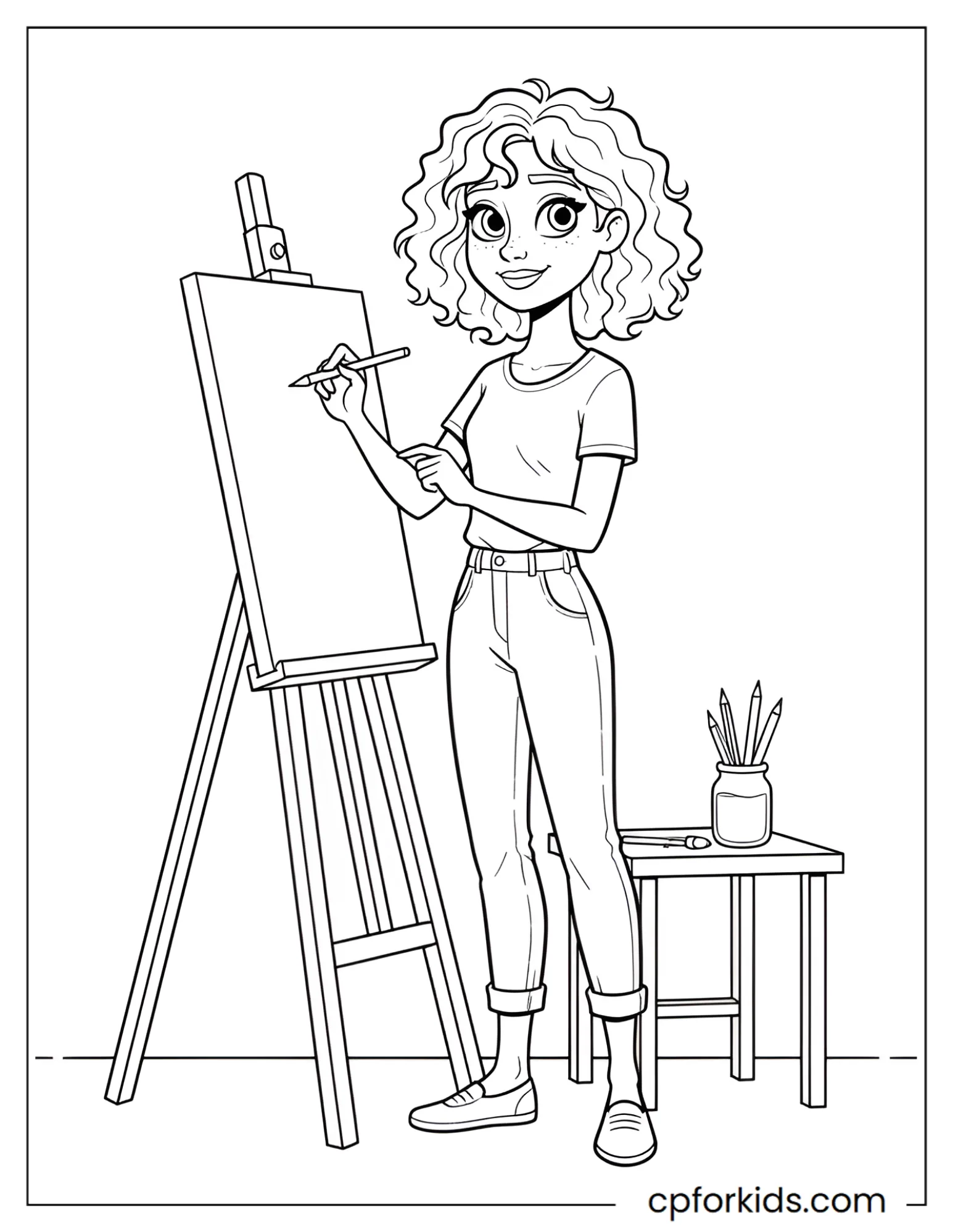 Curly hair girl drawing in an art studio