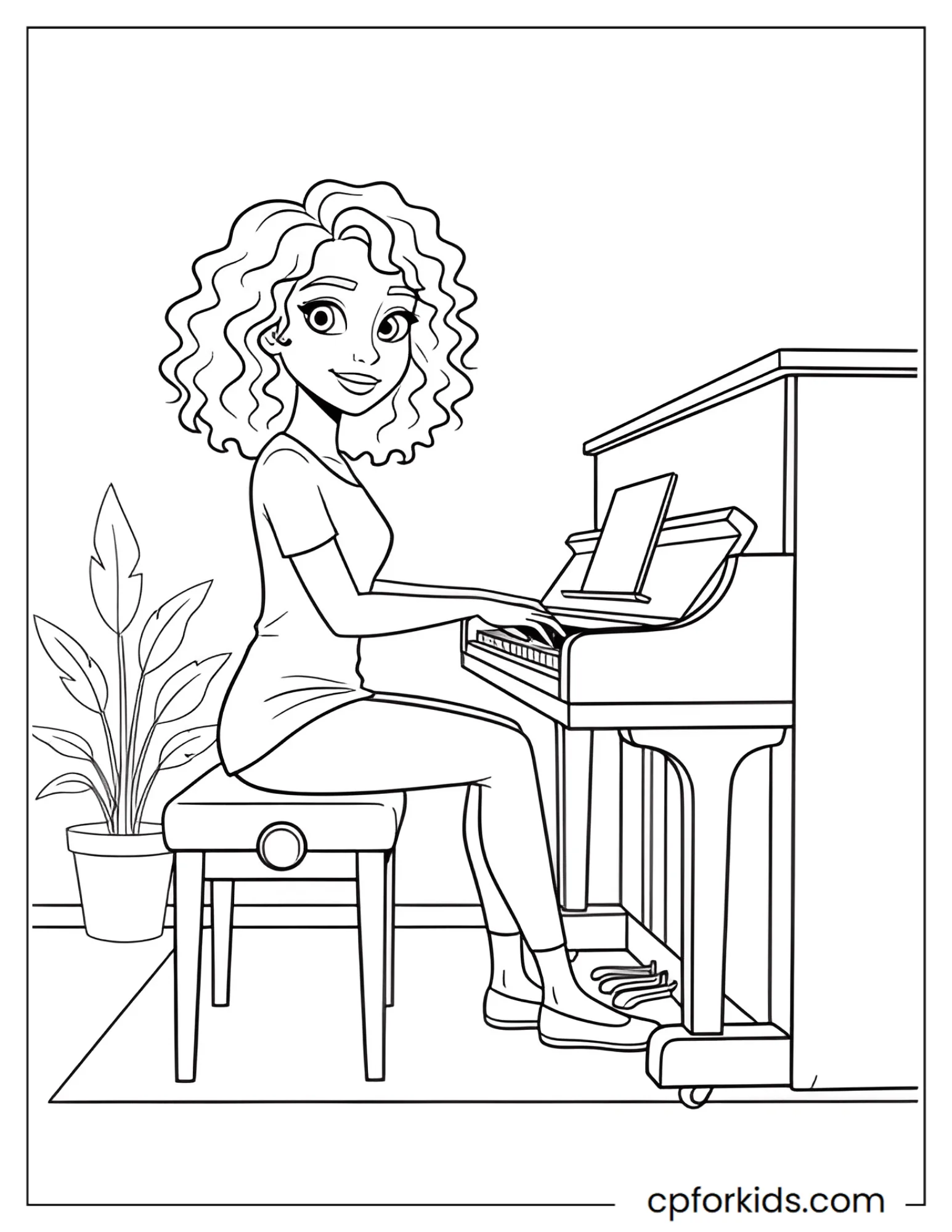 Curly hair princess playing piano at home