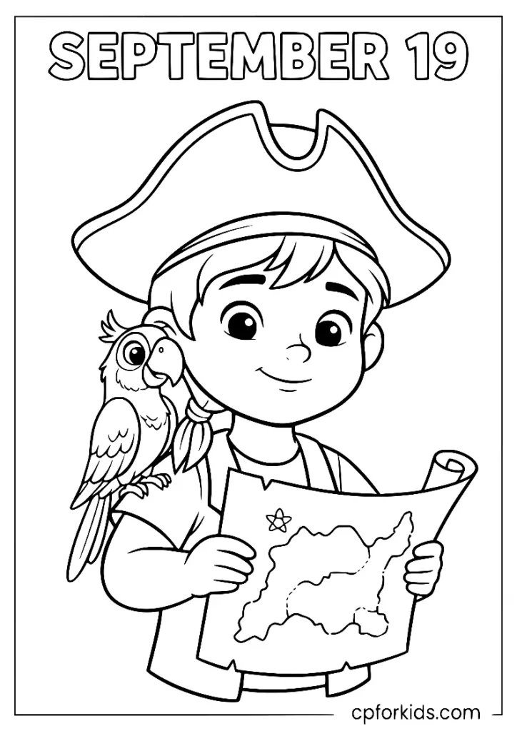 A pirate character with a parrot and treasure chest for Talk Like a Pirate Day.