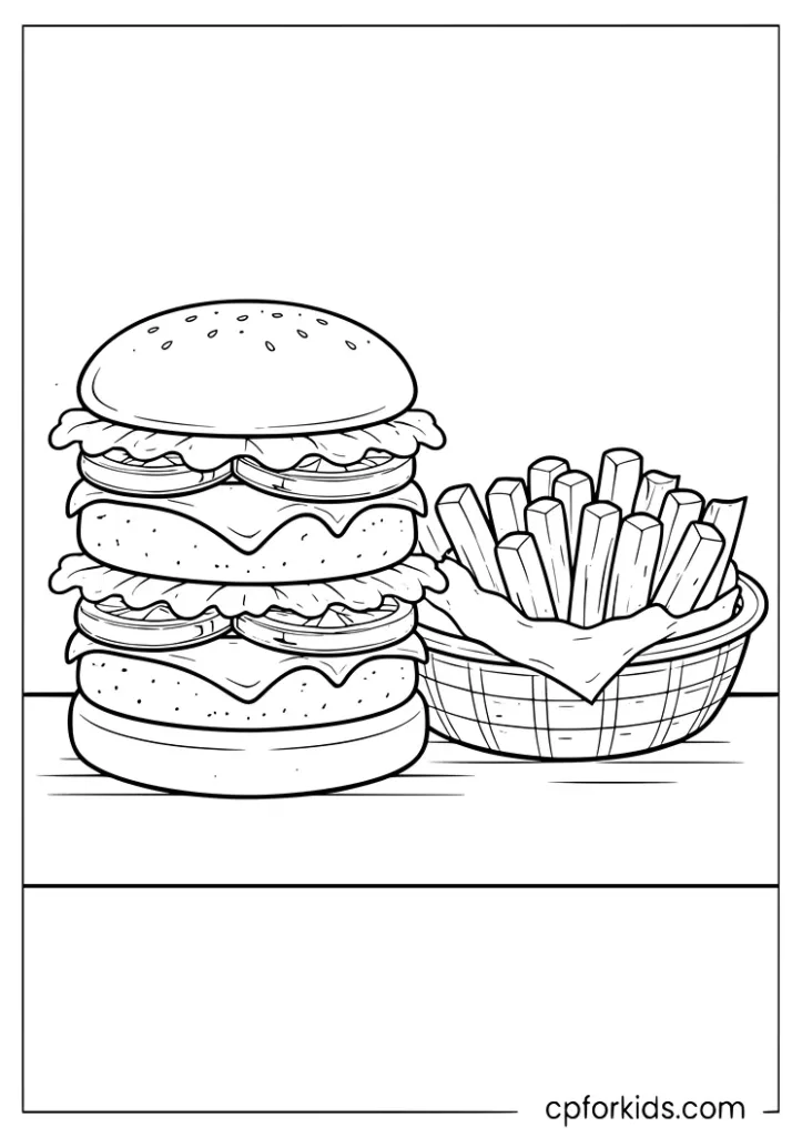 Tall burger with basket of fries coloring page