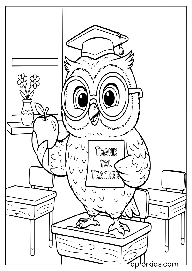 Owl holding an apple for Teacher Appreciation
