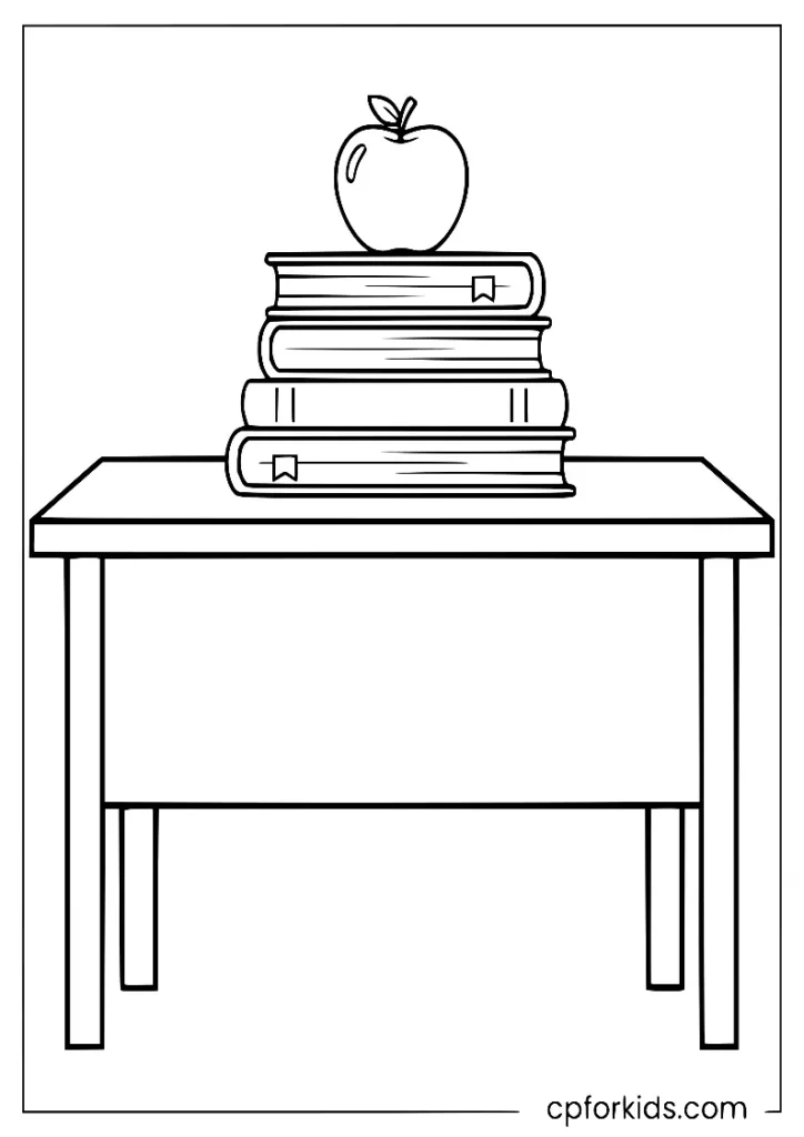 Stack of books with an apple on top, teacher desk coloring page