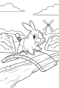 Tepig trotting across a wooden bridge with a windmill behind