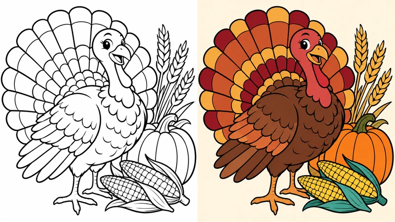 Turkey beside a pumpkin corn and wheat for Thanksgiving