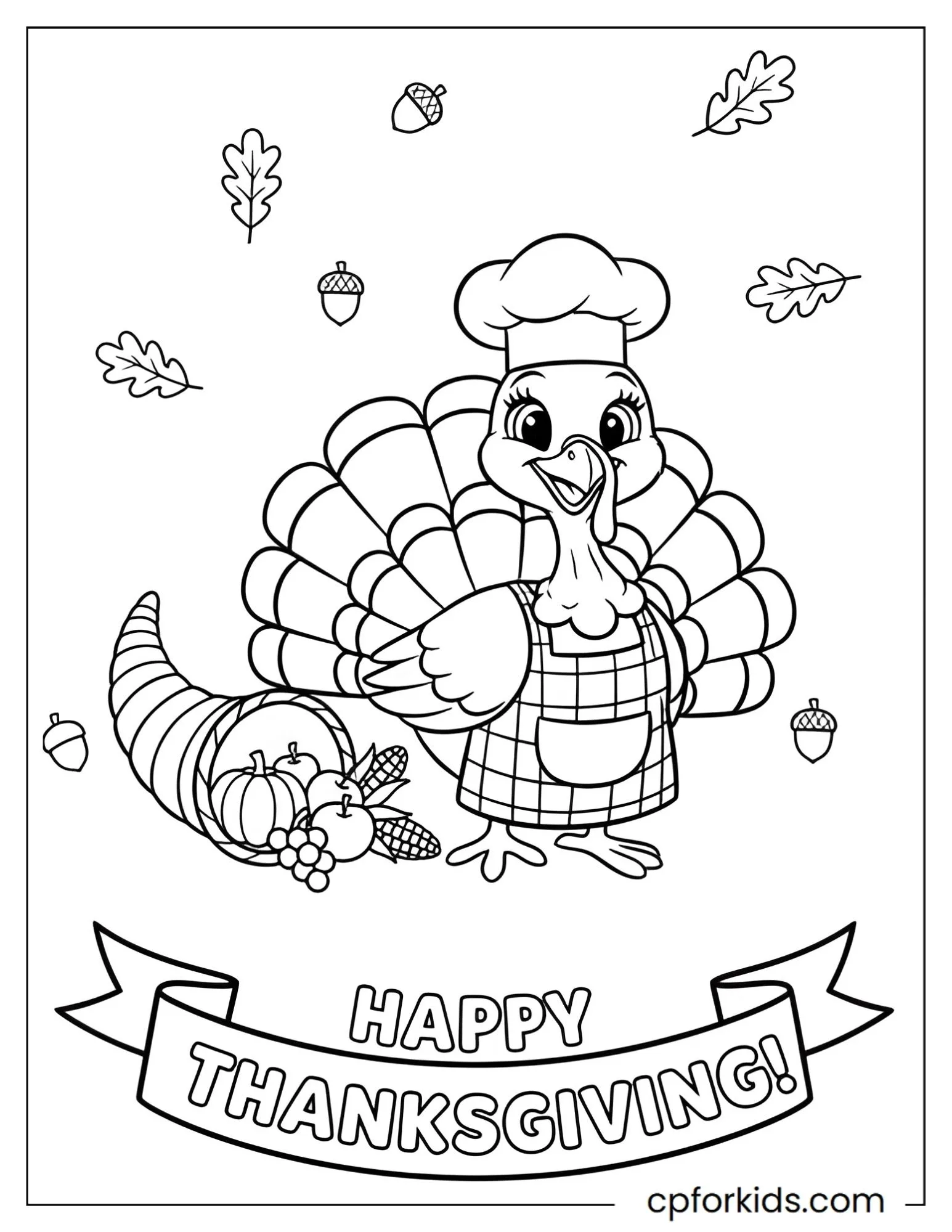 Turkey chef beside a cornucopia above a Thanksgiving banner