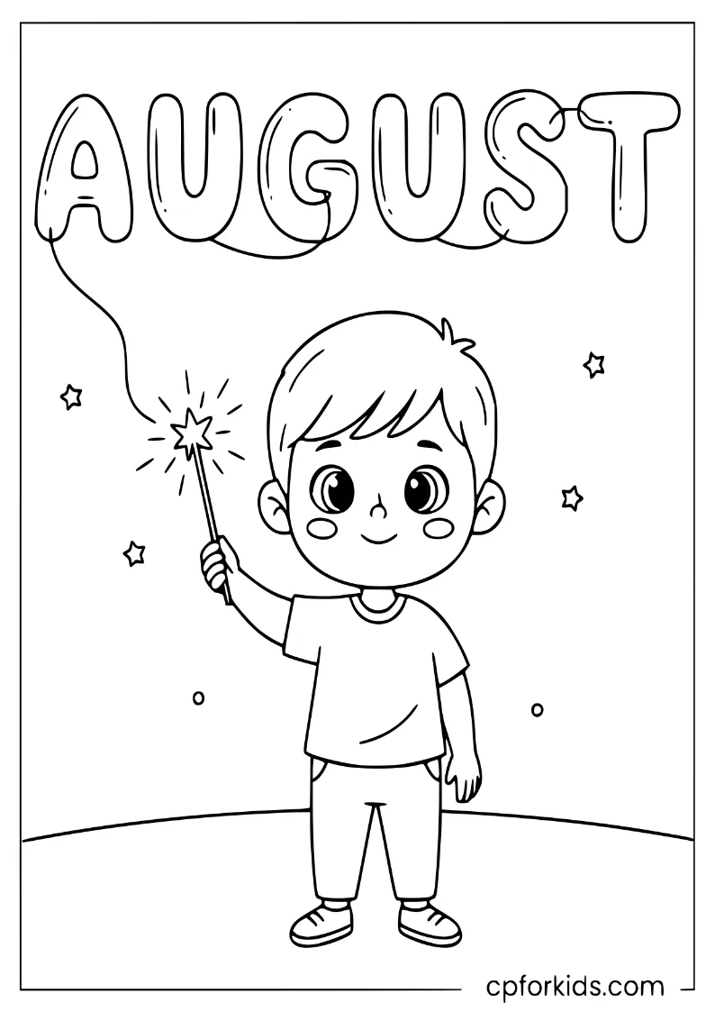 Preschool child writing AUGUST in the air with a glowing sparkler at night