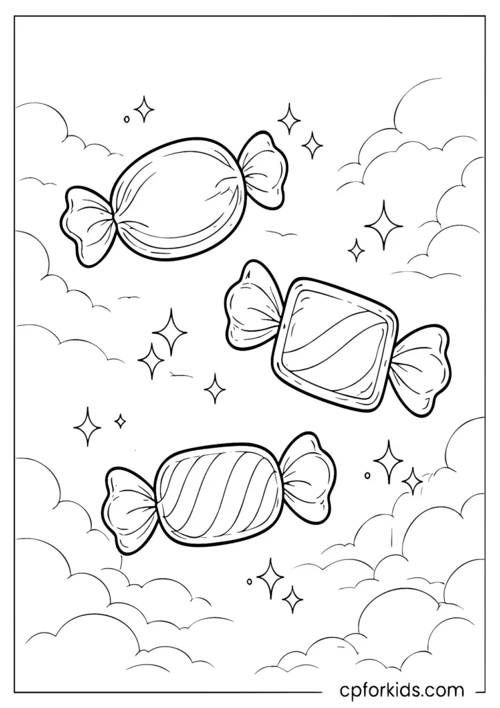 Three large wrapped candies with simple folds to color