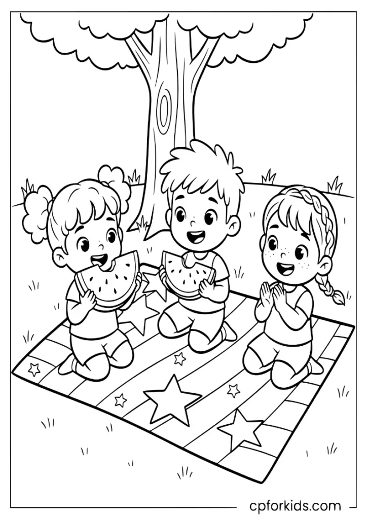 Three friends eating watermelon slices under a park tree on a picnic blanket
