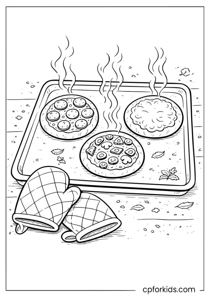Three mini personal pizzas on a baking tray fresh from the oven coloring page