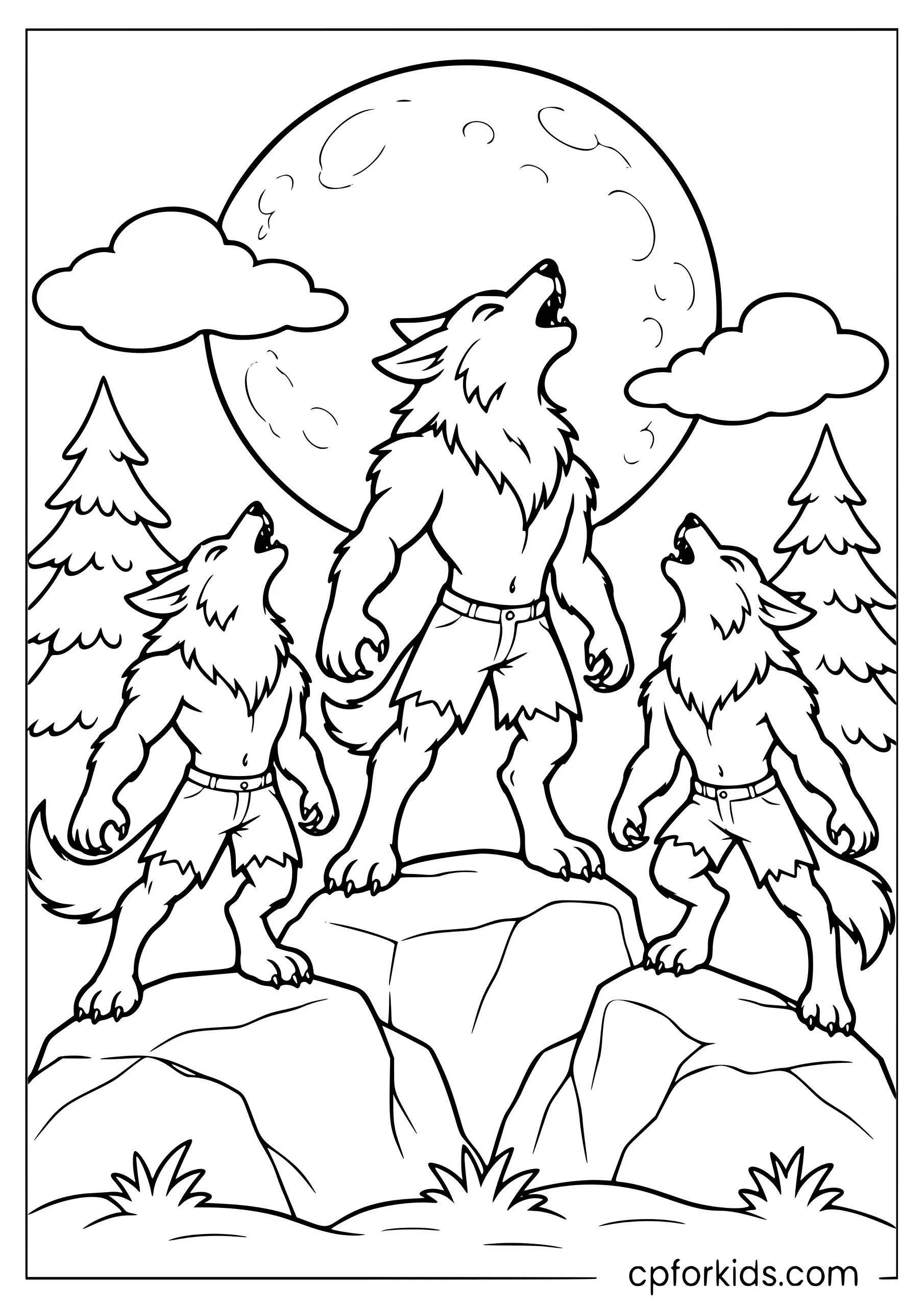Three werewolves howling on rocks beneath a full moon