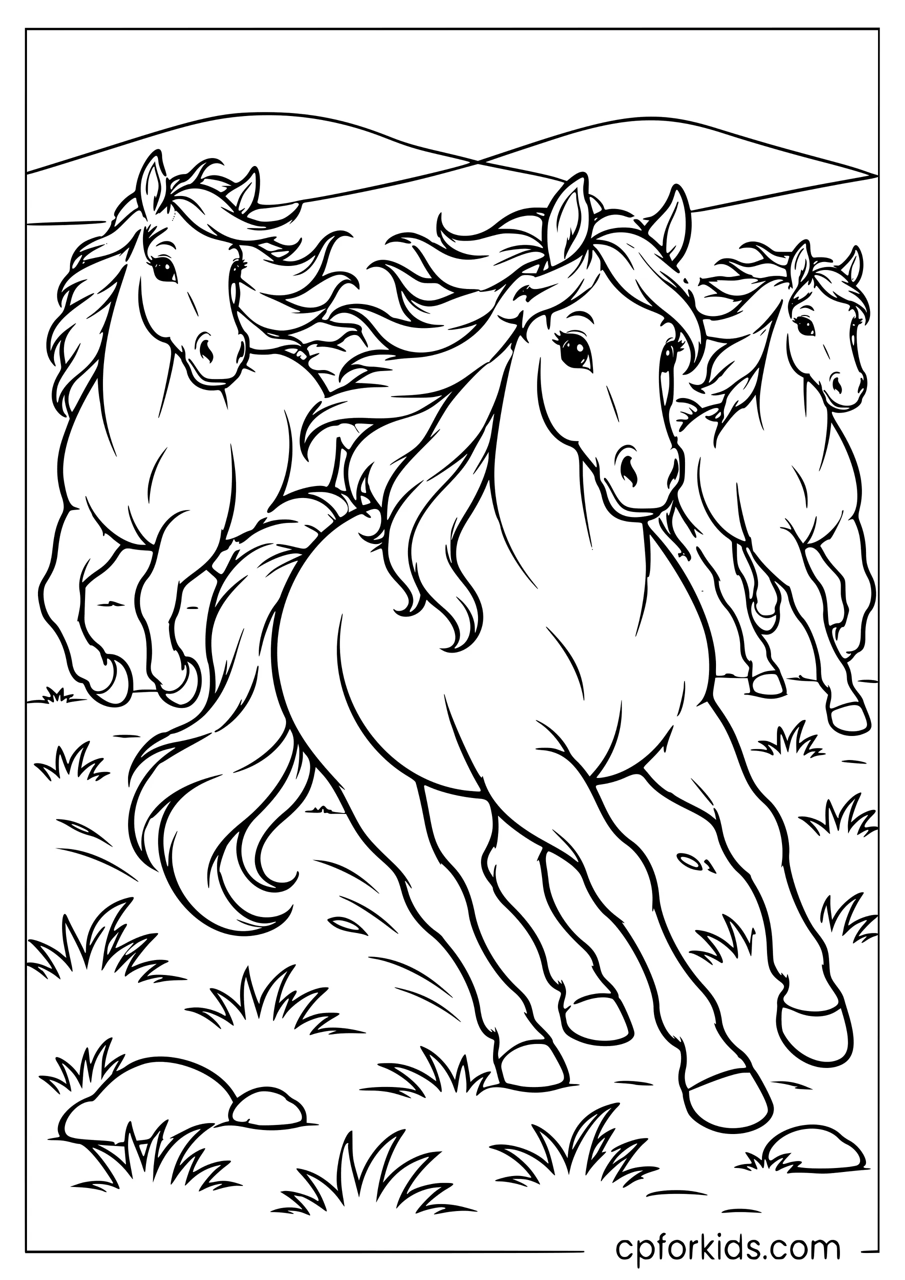 Three wild horses galloping together across open grassland