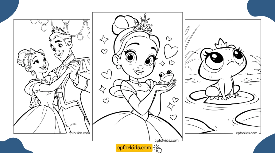 Printable Tiana coloring pages with Tiana and Naveen dancing, Tiana holding a frog, and Tiana as a frog
