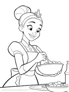 Tiana cooking in a simple kitchen scene