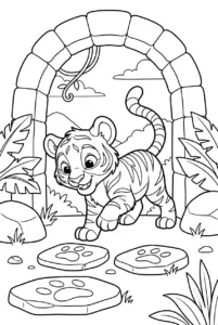 Cute tiger cub exploring ancient jungle ruins