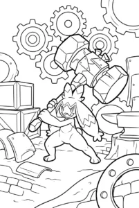 Tinkaton swinging a giant hammer in a simple scrap-yard workshop