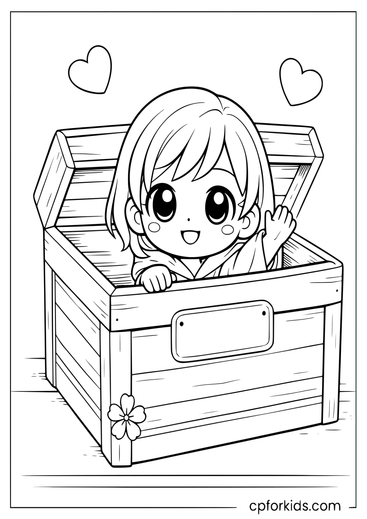 Small chibi girl sitting inside an open wooden box