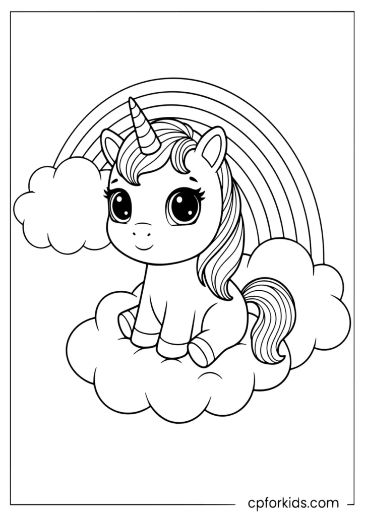 Cute tiny unicorn and rainbow on clouds coloring page for preschoolers