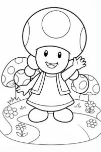 Toadette waving near flowers and mushrooms