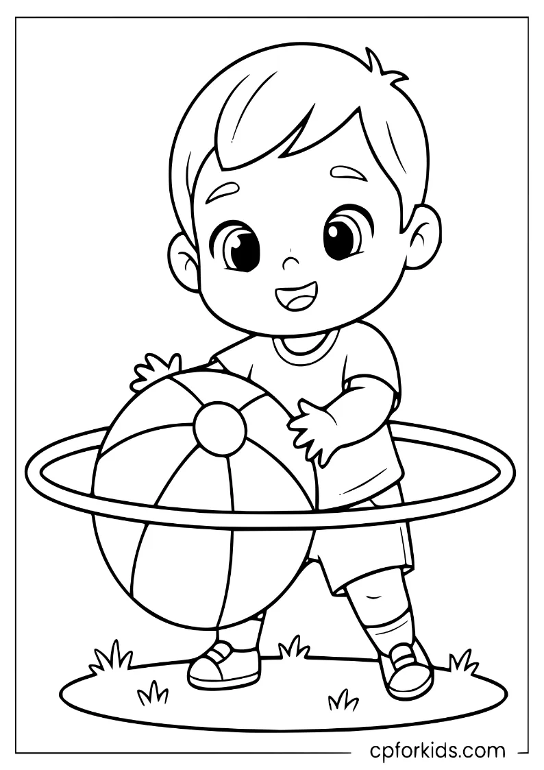 Toddler playing with a beach ball inside a hula hoop on the grass