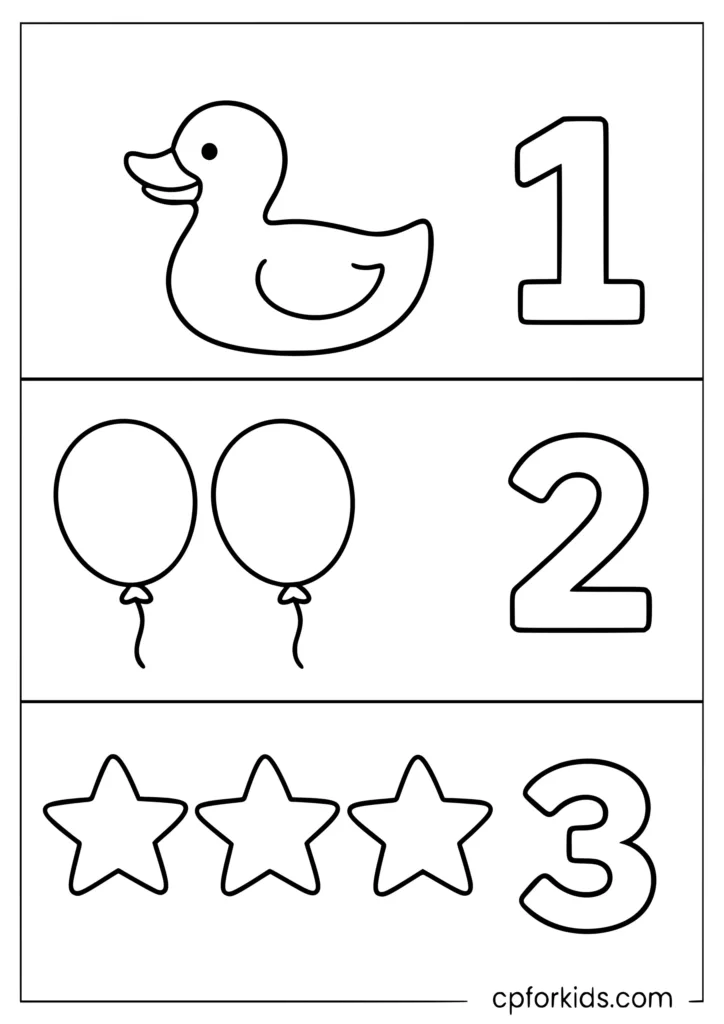 Toddler counting coloring page with three giant simple objects to count for very young kids
