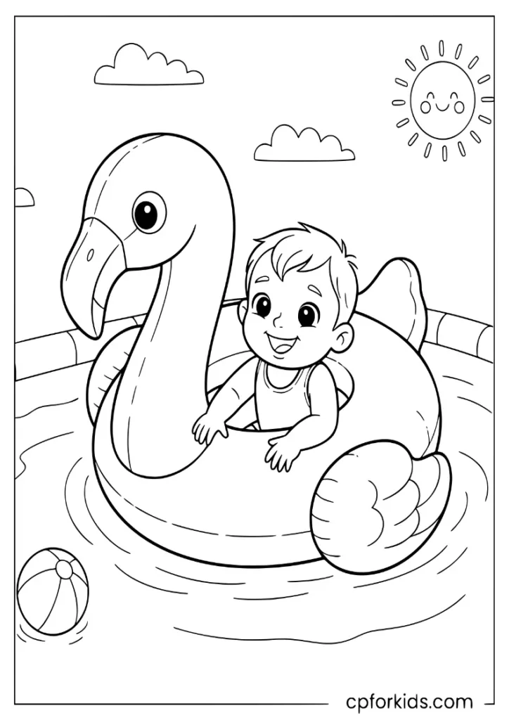 Toddler lying inside a flamingo pool float